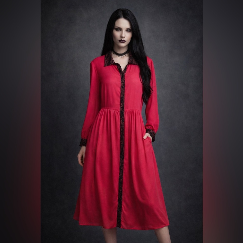 Cremieux hot pink Midi Dress Lace button Down Size 12‎ goth gothic women’s